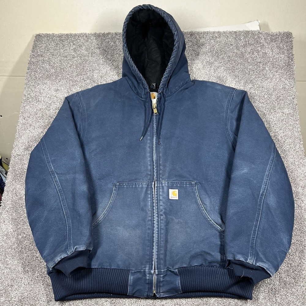 Vintage Carhartt Hooded Jacket XL Faded Navy Blue Honeycomb Distressed 90s